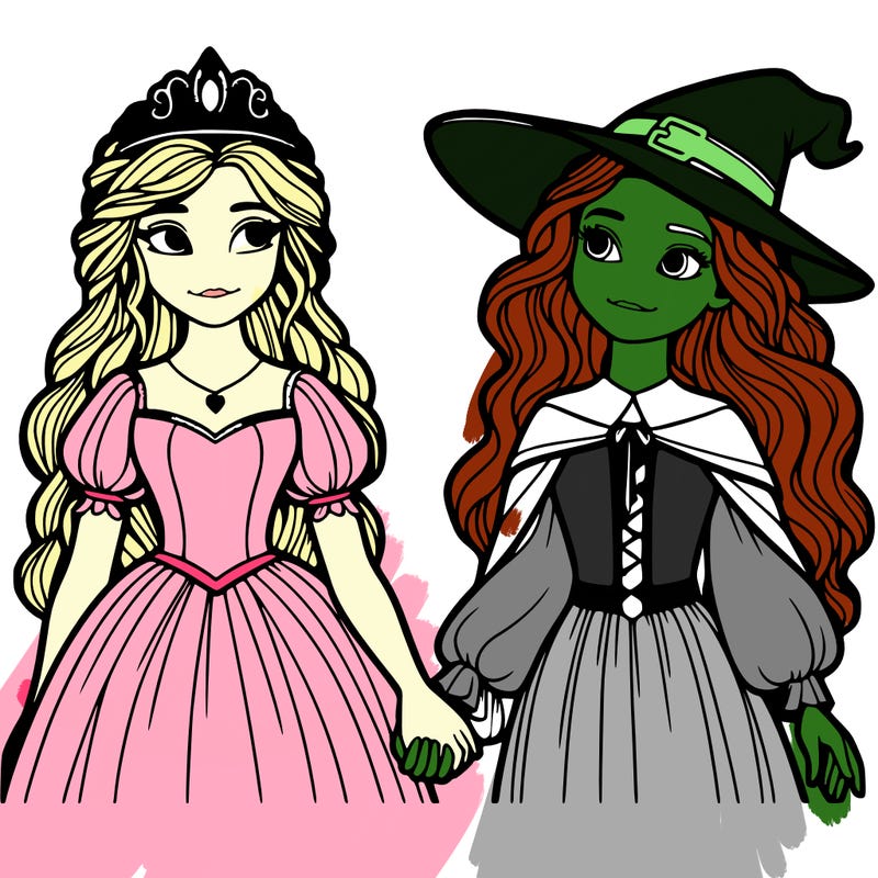 a princess and a witch holding hands realistic