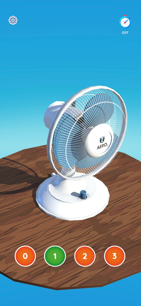 Fan Simulator - Interfaz de la aplicación Simulador de Ventilador que muestra un ventilador eléctrico blanco con botones de control de velocidad