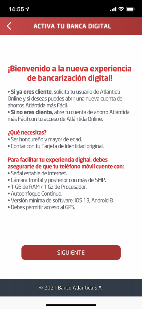 Atlántida Móvil - Activation screen for Atlántida Móvil digital banking listing account and technical requirements.