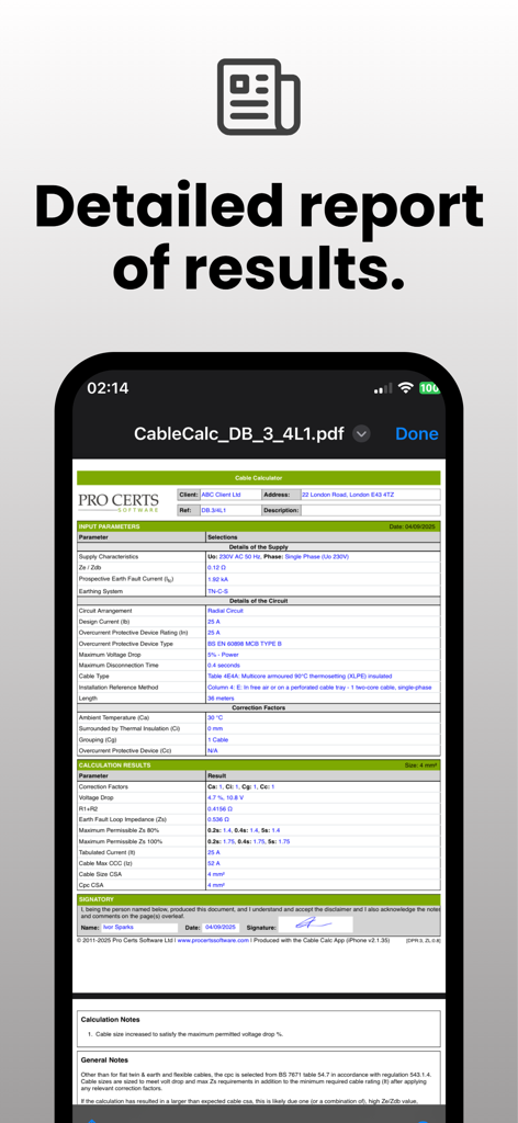 Cable Calc - A detailed electrical cable calculation report generated by the Cable Calc app showing input parameters and results.