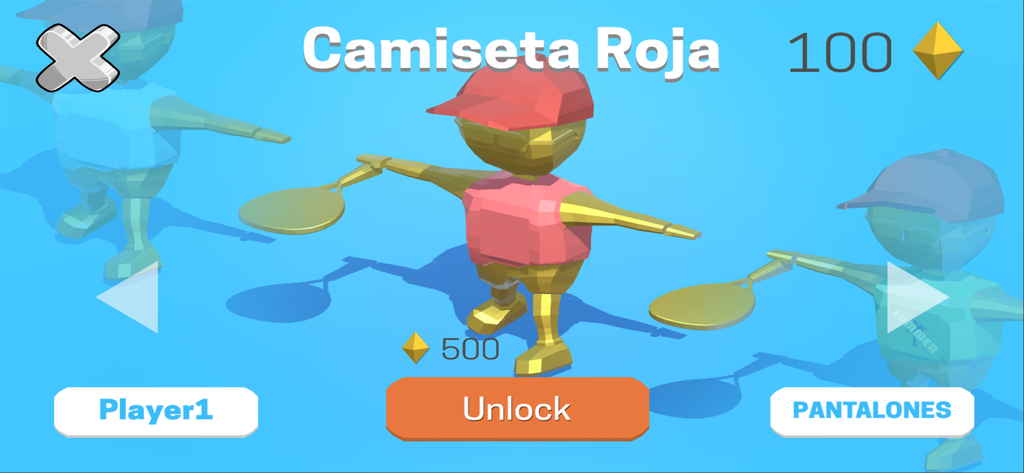 Pantalla de personalización de personajes de Padel Clash que muestra una skin de camisa roja desbloqueable para el avatar del jugador