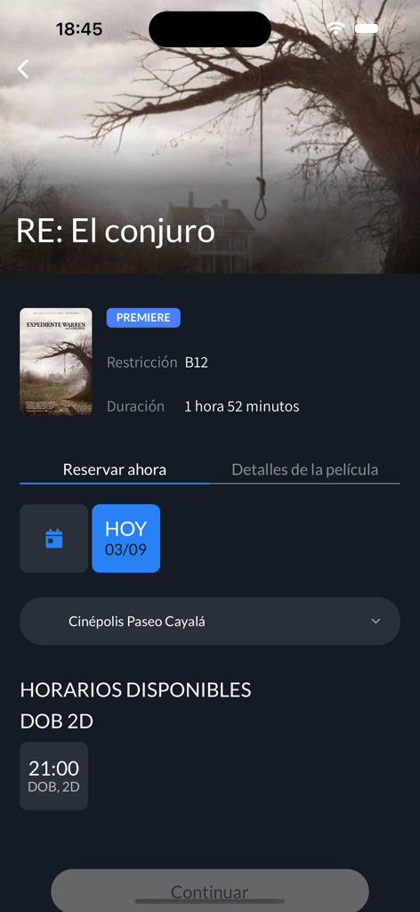 Cinepolis Guatemala app screen for booking tickets for the movie El Conjuro at Paseo Cayala