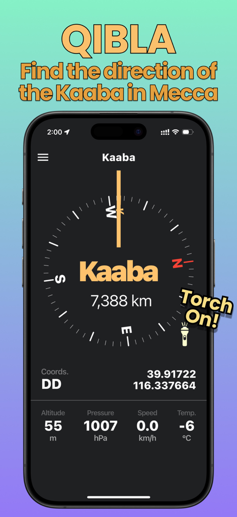 Compass One: Altimeter & GPS - Compass One app interface showing the Qibla finder feature for finding the direction of the Kaaba in Mecca.