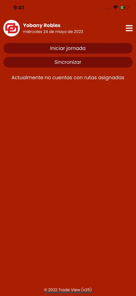 Startbildschirm der TradeView mobilen App mit Schaltflächen zum Starten des Arbeitstages und Synchronisieren von Daten