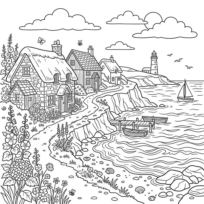 Discover the rustic charm of a coastal escape with this delightful Cottagecore Seascape coloring page. Featuring quaint cottages, lush flora, and a serene ocean view, it's perfect for a relaxing creative session.