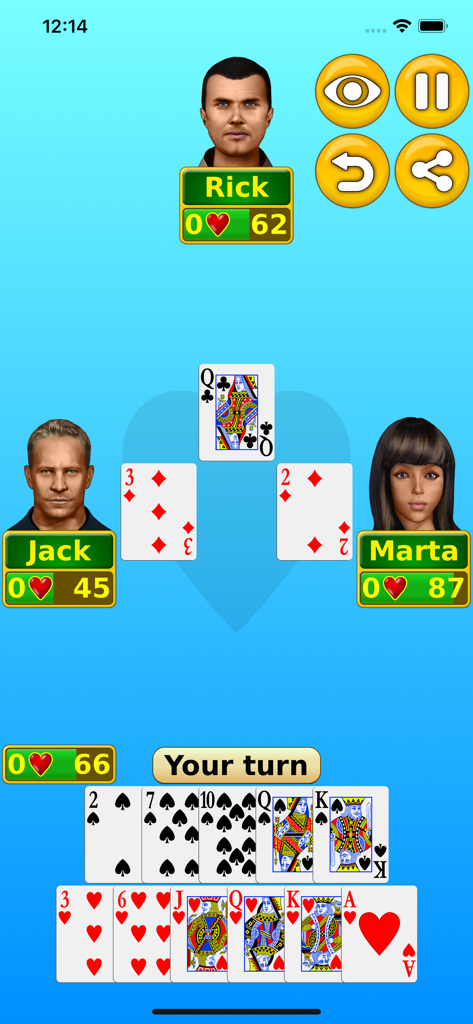 Tela de jogabilidade do jogo de cartas Copas com oponentes digitais e uma mão de cartas de baralho