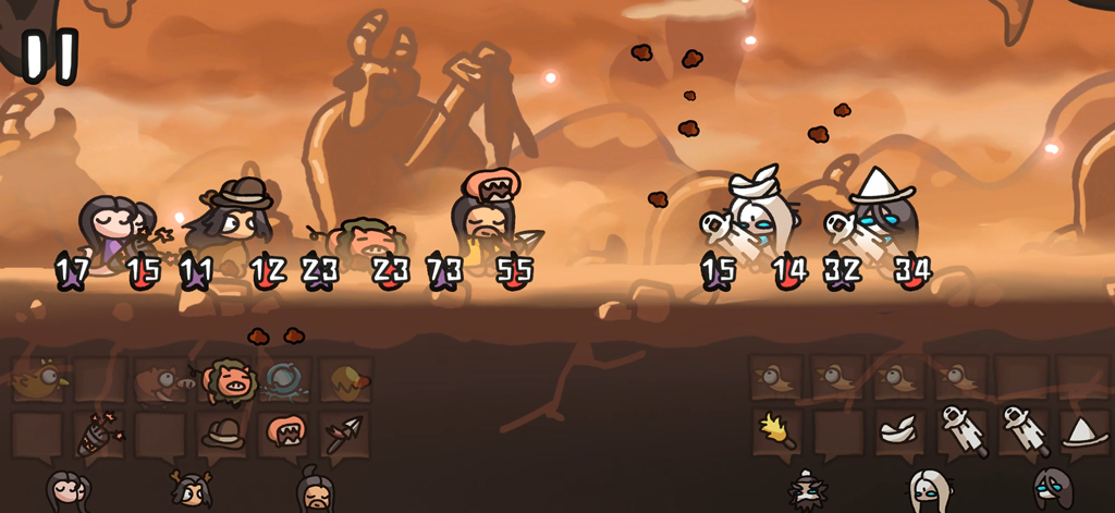 Quirky hand-drawn characters battling in a desert setting with inventory management grids at the bottom.