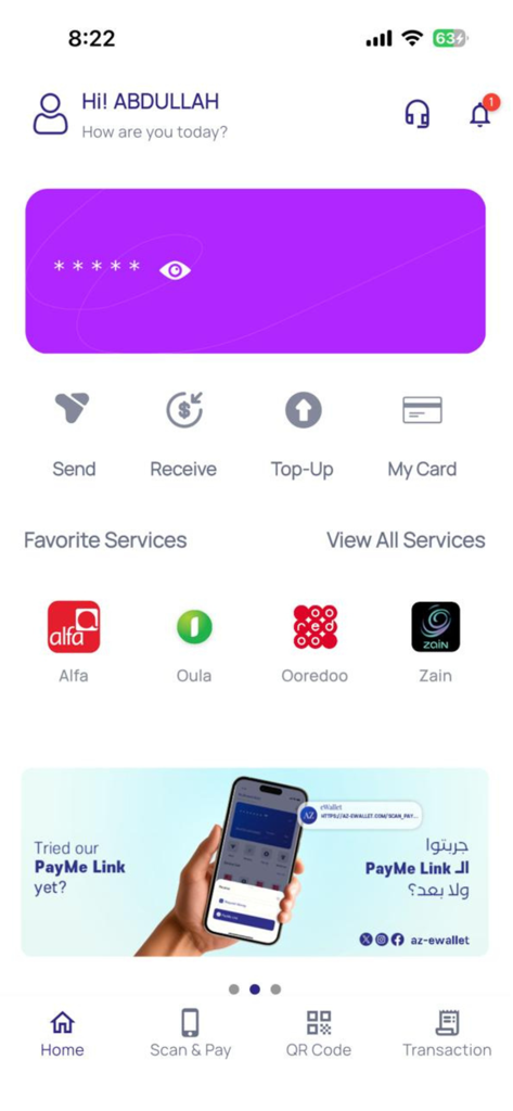 AZ eWallet - AZ eWallet mobile app dashboard showing financial services like send receive and top-up alongside local Kuwaiti providers Zain and Ooredoo