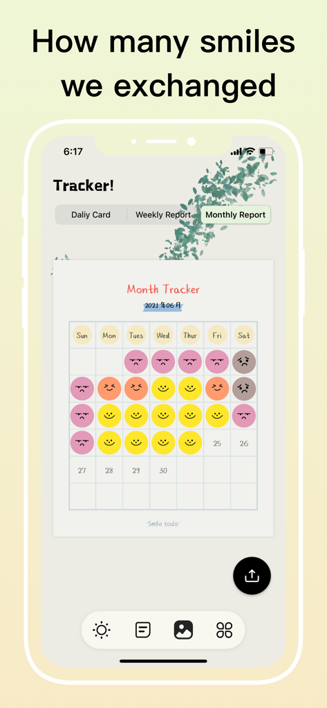 A minimalist monthly habit tracker interface in the Smile Todo app featuring colorful smiley face emojis on a calendar grid.