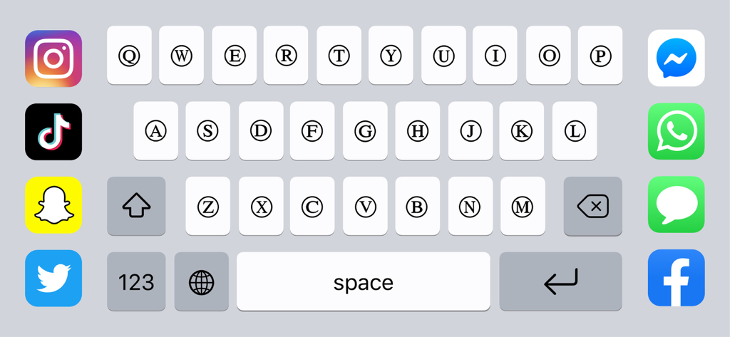 Fonts Air - Font keyboard - Tastiera con font personalizzati con lettere circolari e icone dei social media per Instagram e TikTok