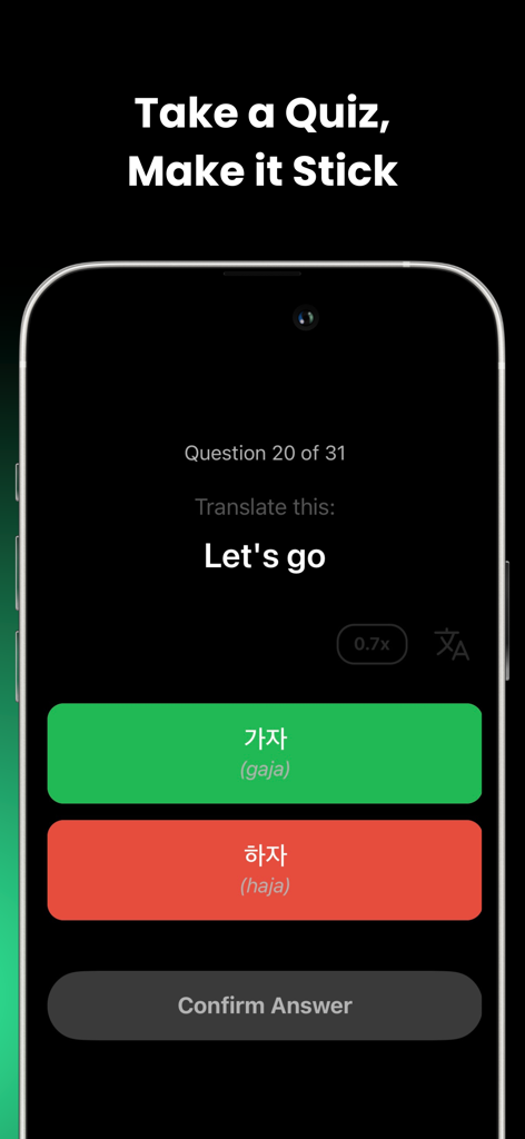 Melos - Learn Languages - A mobile interface of the Melos app showing a Korean translation quiz for the phrase Let's go.
