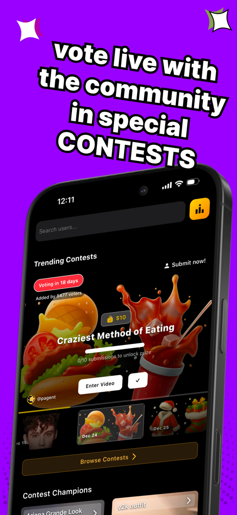Pagent - Battle for Fame - Pagent app interface highlighting special contests and community voting options