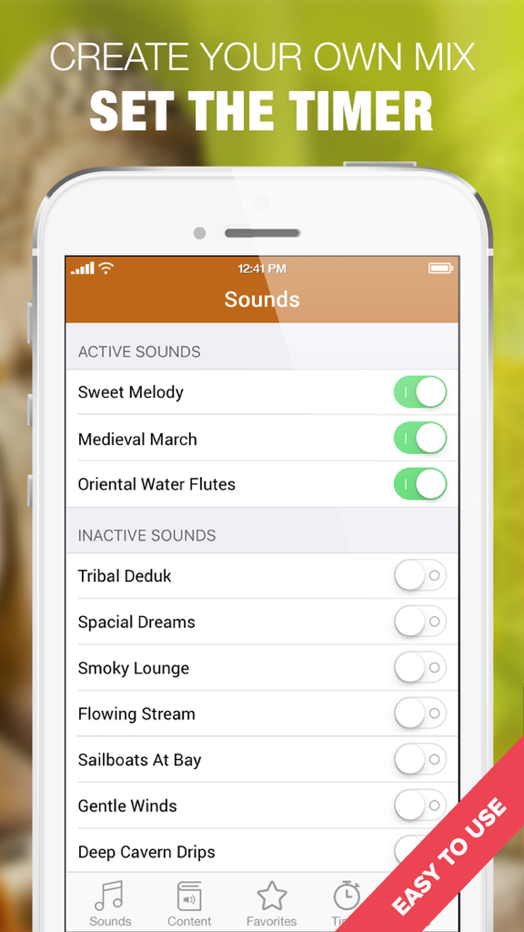 Meditation Bell, Bowls, Chants - A mobile interface showing various meditation sounds like Sweet Melody and Oriental Water Flutes with toggle switches to create a custom mix.