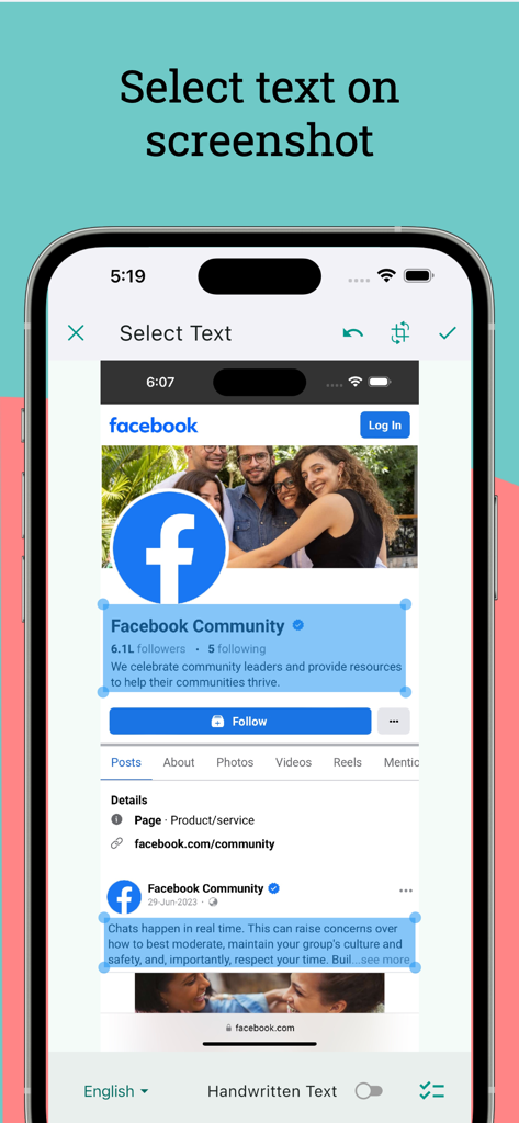 Copy Text On Screen - Selecting text from a Facebook page screenshot in the Copy Text On Screen app