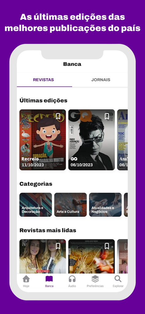 Vivo News - Interface do aplicativo móvel Vivo News exibindo a seção de banca digital com categorias de revistas e jornais brasileiros.
