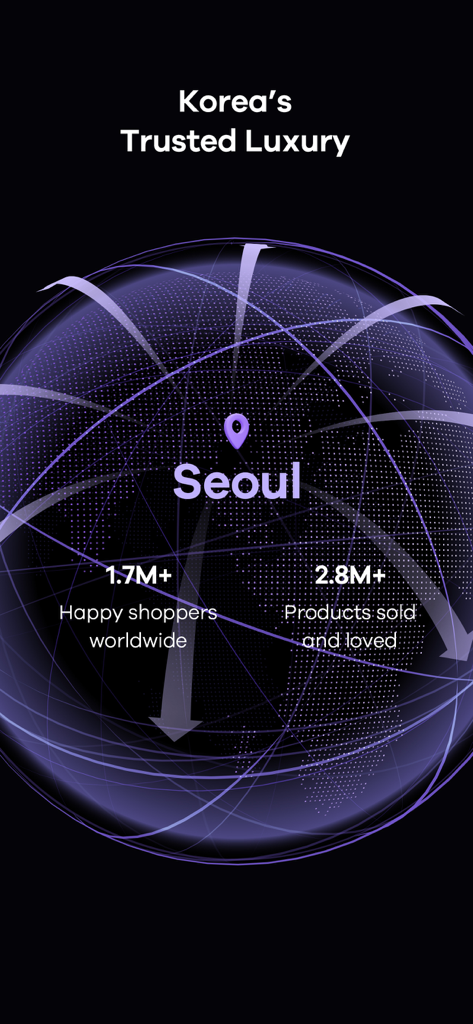 A globe graphic centered on Seoul, South Korea, highlighting 1.7 million happy shoppers and 2.8 million products sold for the Trenbe luxury fashion app.