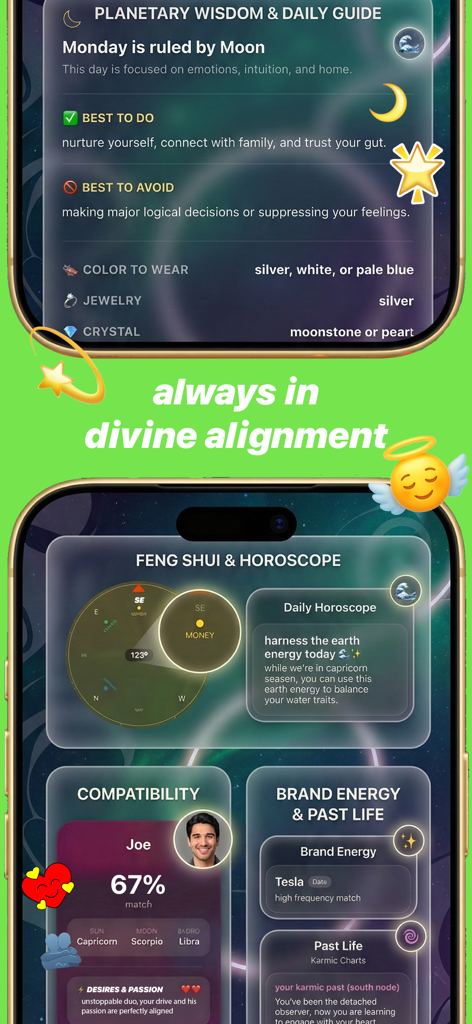 yap: dream astrology journal - Interface of the yap app showing planetary wisdom daily horoscopes and compatibility charts