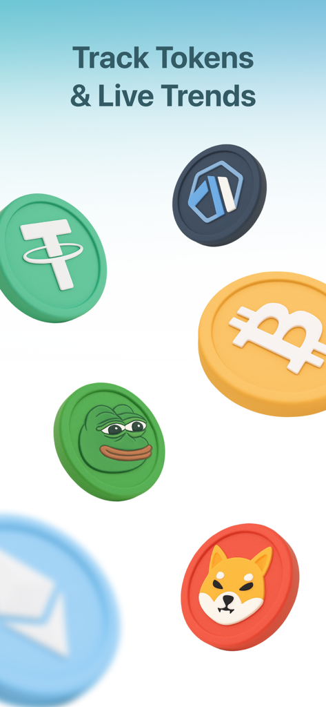MEW crypto wallet: DeFi Web3 - MEW crypto wallet screen showing track tokens and live trends feature with floating cryptocurrency icons