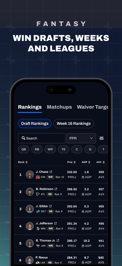 PFF: Betting & Fantasy Tools - PFF app interface displaying fantasy football draft rankings with player projections and ADP statistics.