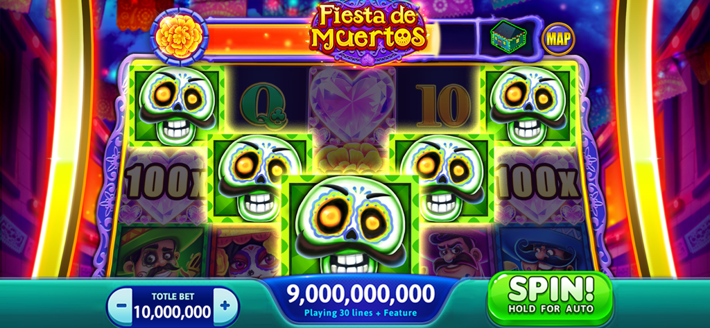 Vegas Party Casino Slots Game - Fiesta de Muertos themed slot machine in Vegas Party Casino Slots Game featuring sugar skull symbols and a nine billion coin win