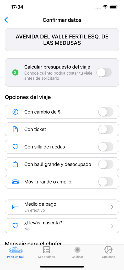 Taxis Pinamar - Pantalla de la app móvil Taxis Pinamar mostrando filtros de vehículos y preferencias de viaje