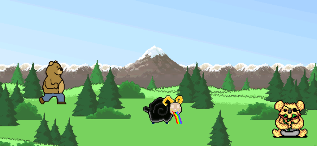 Pets Therapy - Pixel art scene featuring a walking bear, a sheep with a rainbow, and a koala in a mountain landscape from the Pets Therapy app.