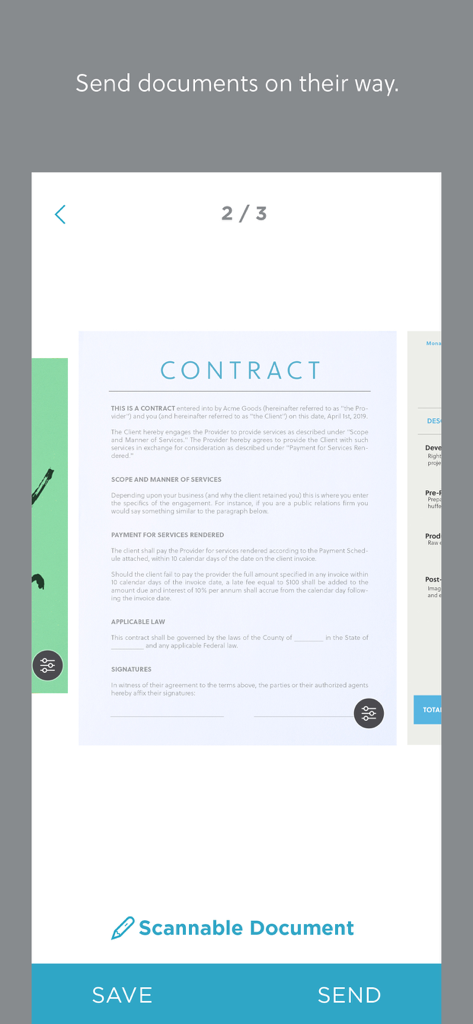 Evernote Scannable app interface displaying a high-quality scan of a contract with save and send options