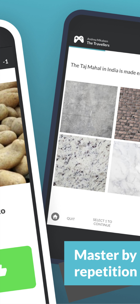 Attensi SKILLS - Attensi SKILLS app displaying a gamified quiz interface with the text Master by repetition