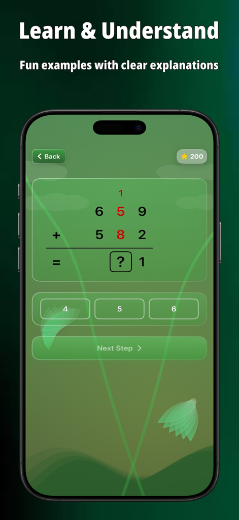Learn Addition: Math Kids - Suma vertical paso a paso con acarreo de números en la aplicación de matemáticas Learn Addition para niños