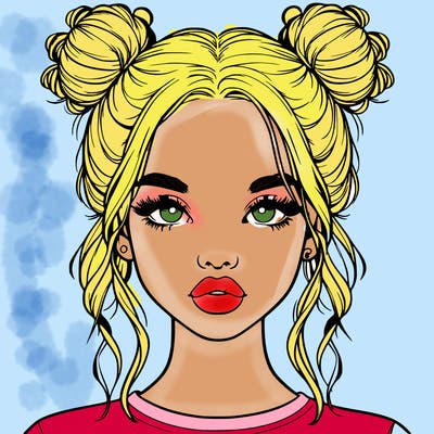 realistic girl with two buns in hair and lips