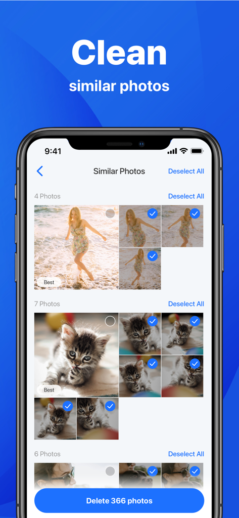 Pantalla de la aplicación para iPhone mostrando la función de limpieza de fotos similares con varias imágenes seleccionadas para eliminar