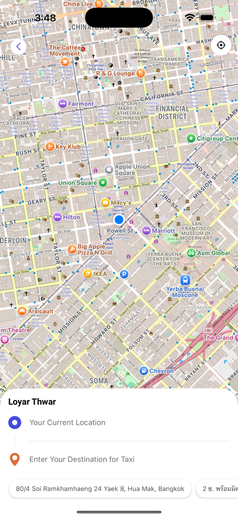 LOYAR - LOYAR ride-hailing app interface showing a map and destination entry fields