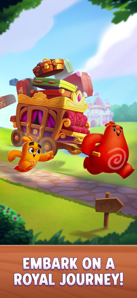 Two colorful characters pulling a royal carriage with luggage through a green field