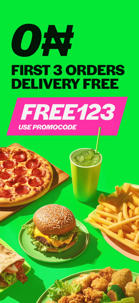 SAMU - Food Delivery - SAMU food delivery promotional banner offering free delivery on the first three orders with a promo code and images of pizza burger and fries