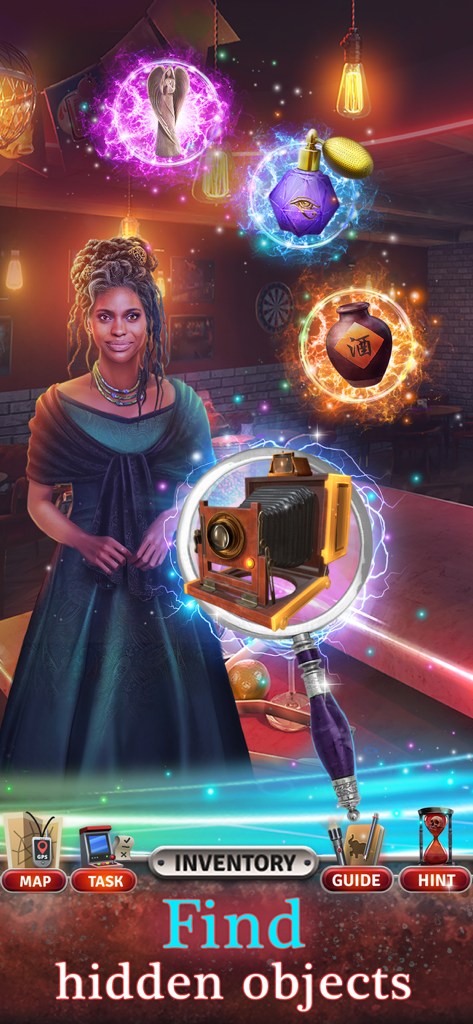 Crossroads 2 Escaping the Dark - A woman stands in a bar with a magnifying glass highlighting a vintage camera and floating magical artifacts in a hidden object game.
