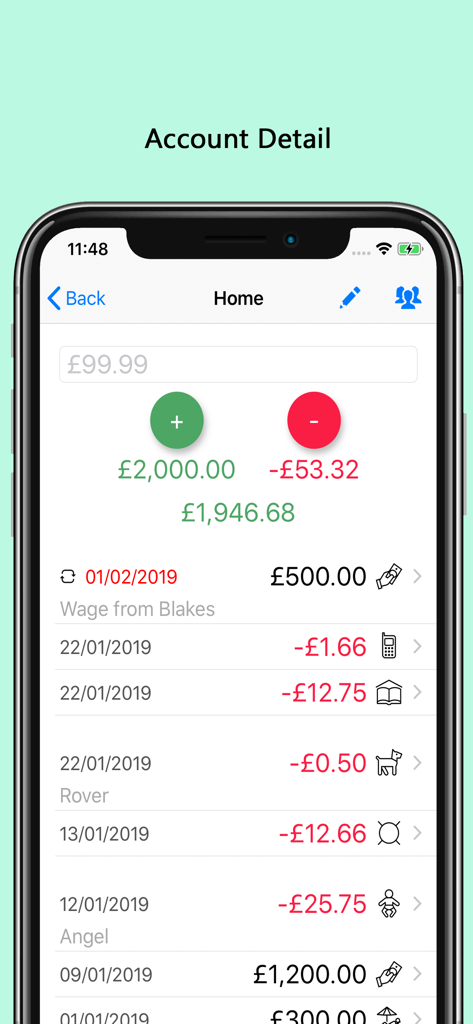 xMoney - Personal Finance - Kontodetailansicht in der xMoney App mit einer Liste von Einnahmen und Ausgaben mit Kategoriensymbolen