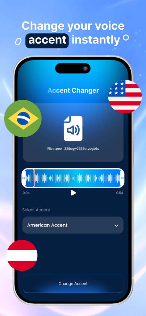 Play ht: Voice Generator - Tela de smartphone mostrando o recurso de trocador de sotaque do aplicativo Play ht com ícones de bandeira para os EUA, Brasil e Áustria.