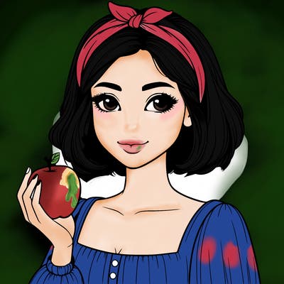 a woman with medium short hair, wearing a headband with a small bow, carrying an apple in her hand, realistic