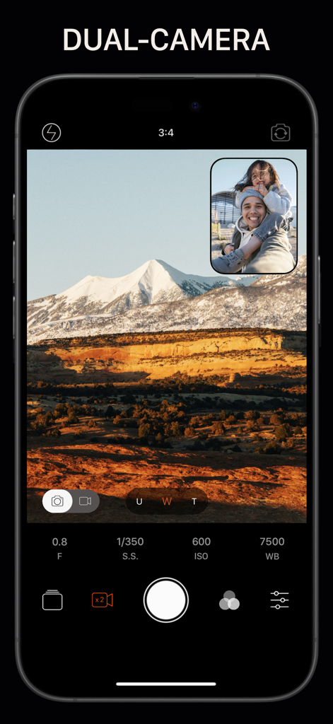 Interface of a professional camera app showing the dual camera feature with a mountain landscape and a selfie window