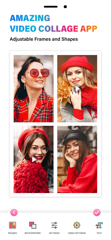 Interface do aplicativo Criador de Colagens mostrando uma grade de quatro painéis com fotos e vídeos de mulheres estilosas.