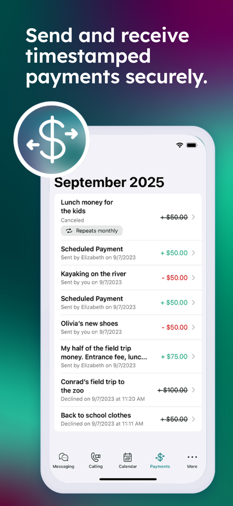 TalkingParents: Co-Parent App - Screenshot of the TalkingParents app interface displaying the Accountable Payments feature with a list of shared parenting expenses and payment status