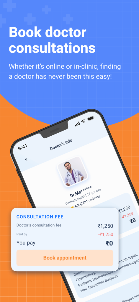 Docprime - Docprime mobile app screen showing a dermatologist profile and a zero-cost consultation fee for booking an appointment.