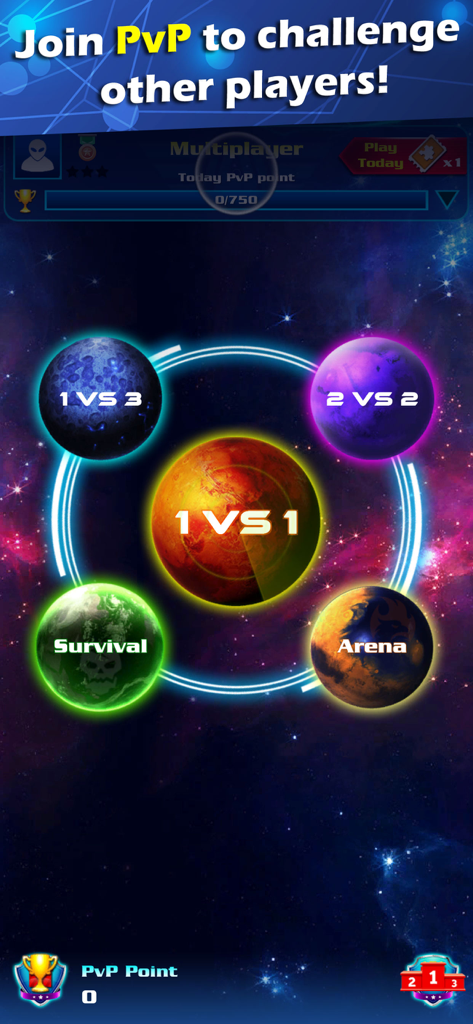 Galaxy Attack Alien Shooter multiplayer menu featuring various PvP game modes on planet-shaped icons in space