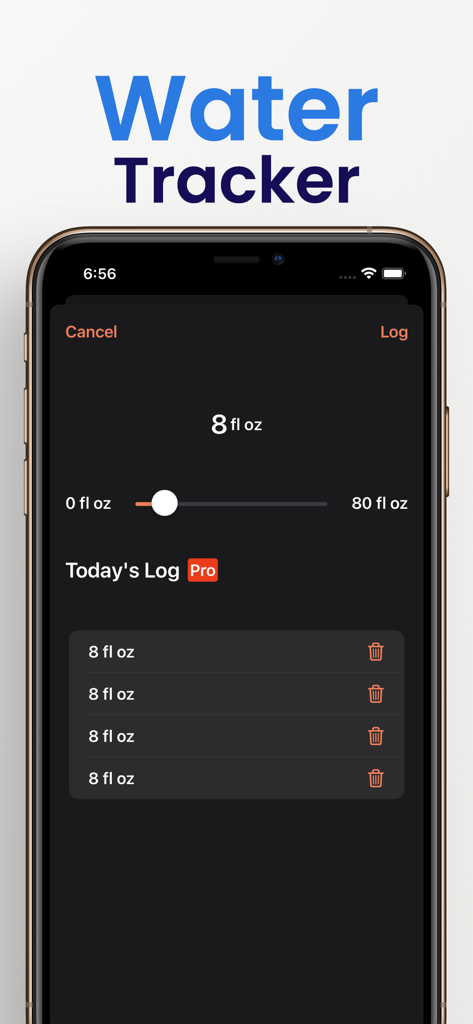 Food Diary - Lilbite - Interfaz de la aplicación de rastreo de agua de Lilbite que muestra una pantalla en modo oscuro con un control deslizante para registrar onzas líquidas y un historial de ingesta diaria de agua