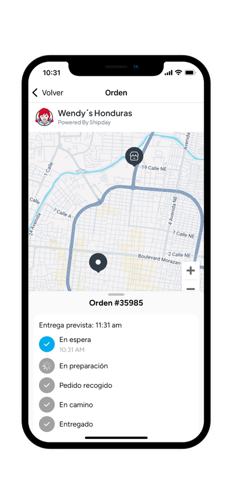 Wendy's Honduras - Real-time delivery tracking map and status updates in the Wendys Honduras mobile app