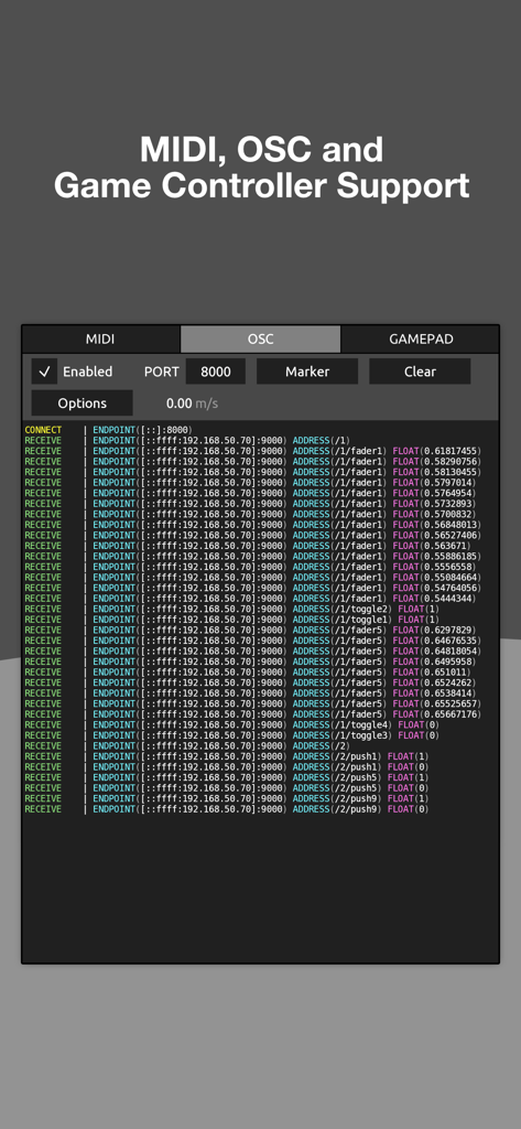 Captura de pantalla de la app Protokol mostrando un registro en tiempo real de paquetes de datos OSC con direcciones de red y valores.