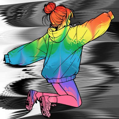 realistic girl jumping with a bun and oversized sweatshirt