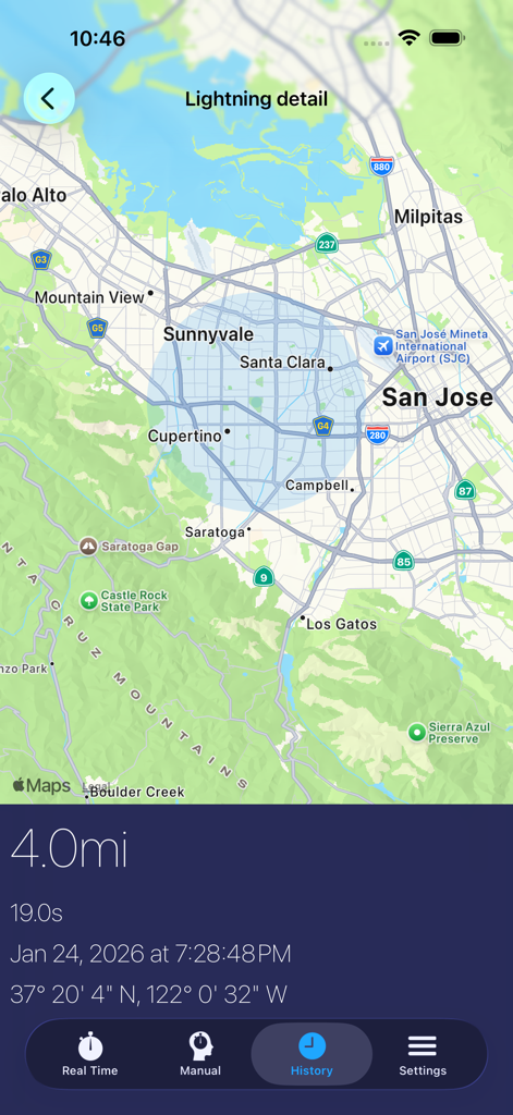 Storm Distance Tracker - Map view showing lightning strike distance and location detail