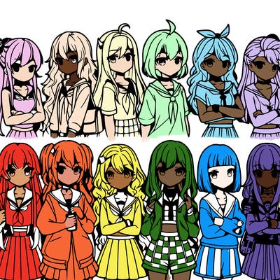 different anime girls in a row
