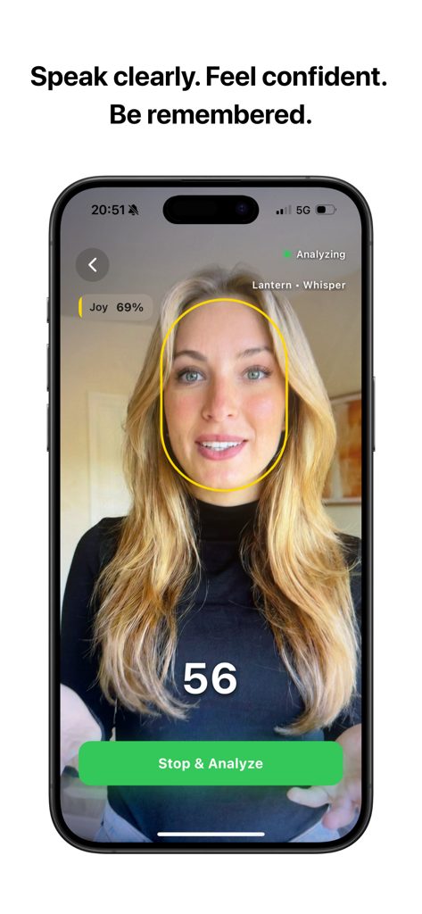 App interface showing a woman practicing speech with real-time AI feedback and emotion detection